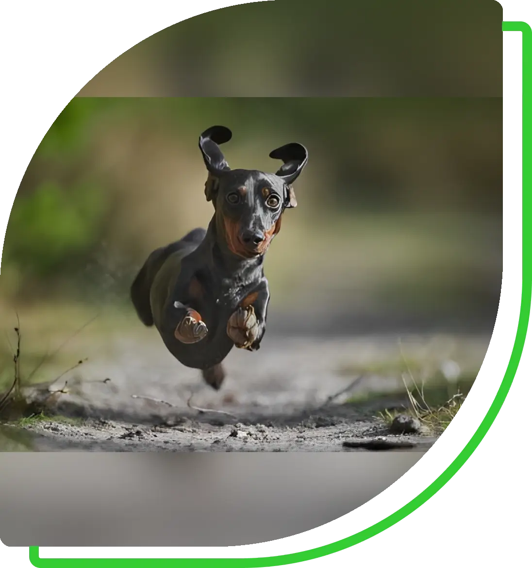 Dachshund bounding mid-air with ears flapping